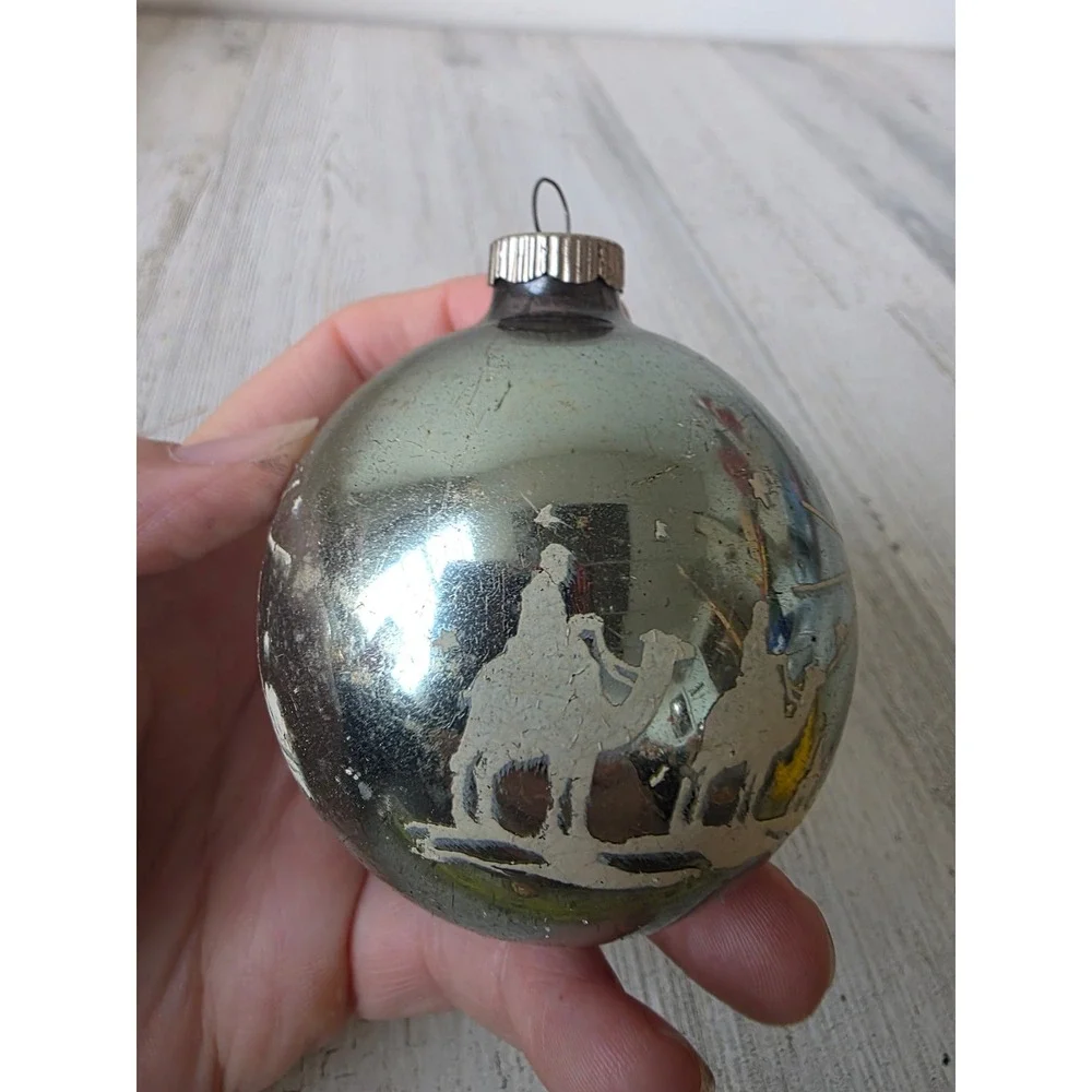 Vintage shiny Brite camel stencil Bethlehem star ornament glass Xmas tree